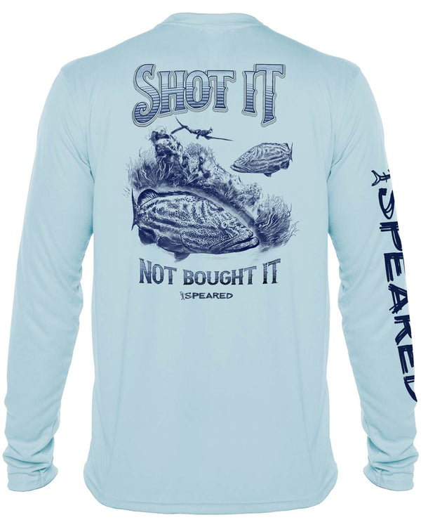 Shot It Not Bought It Gag Grouper: Long Sleeve UV UPF 50+ Protection T-Shirt: Lt. Blue - Back